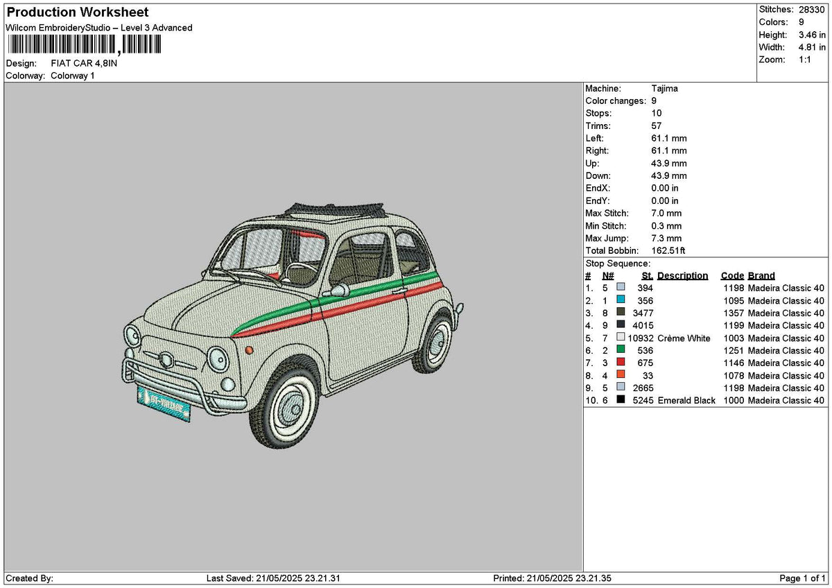 White Car 2105 Embroidery File 6 sizes
