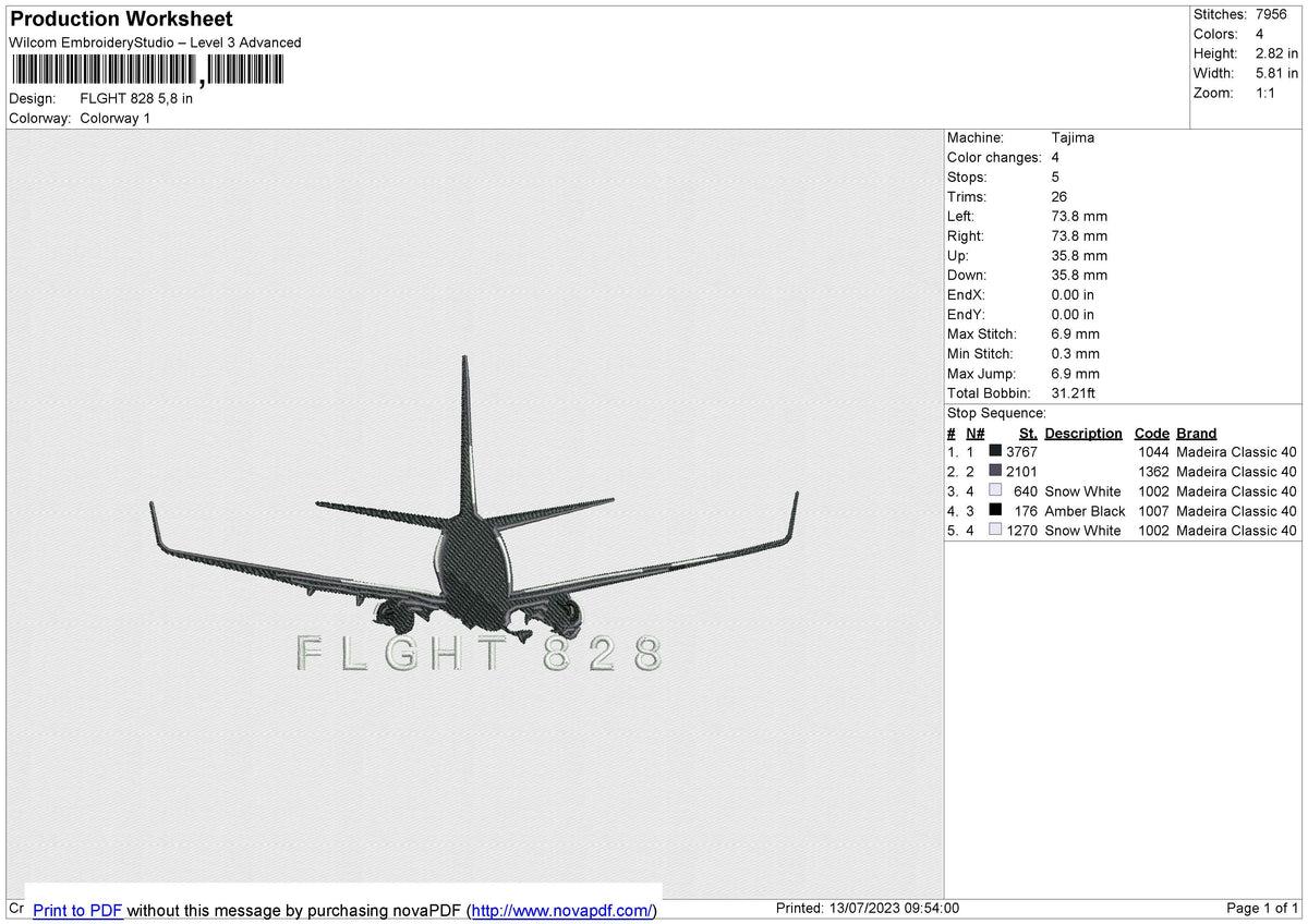FLGHT 828 Embroidery File 6 size