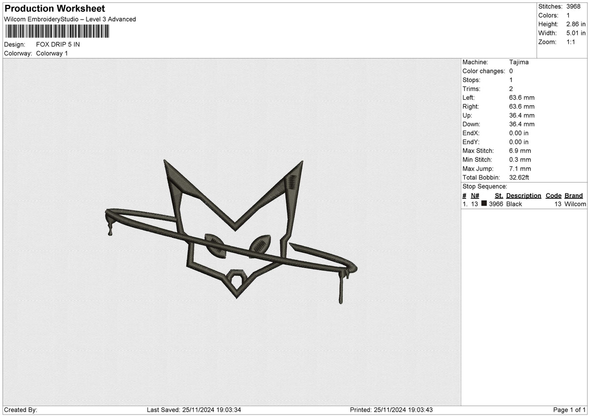 FOX DRIP Embroidery File 6 size