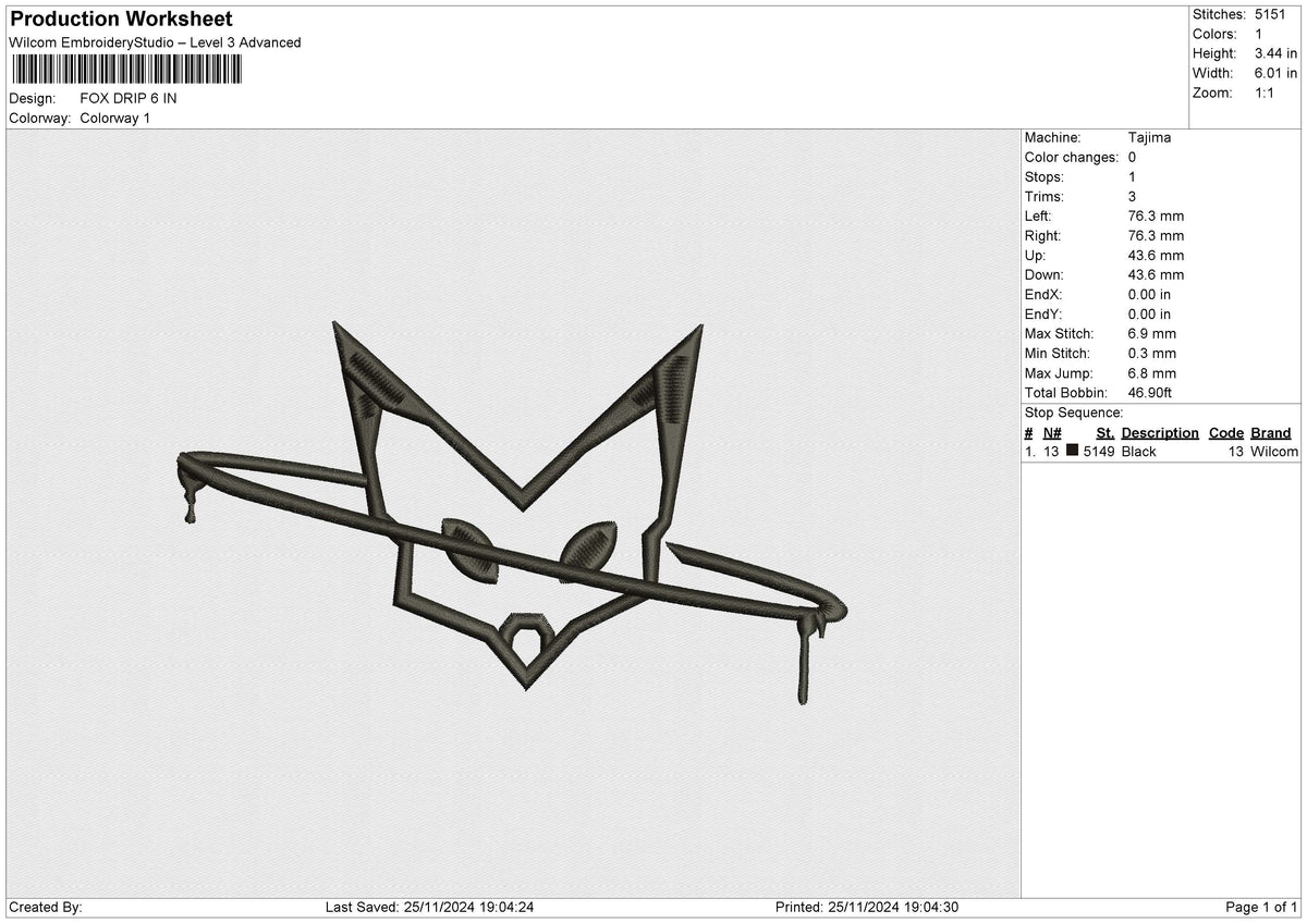 FOX DRIP Embroidery File 6 size