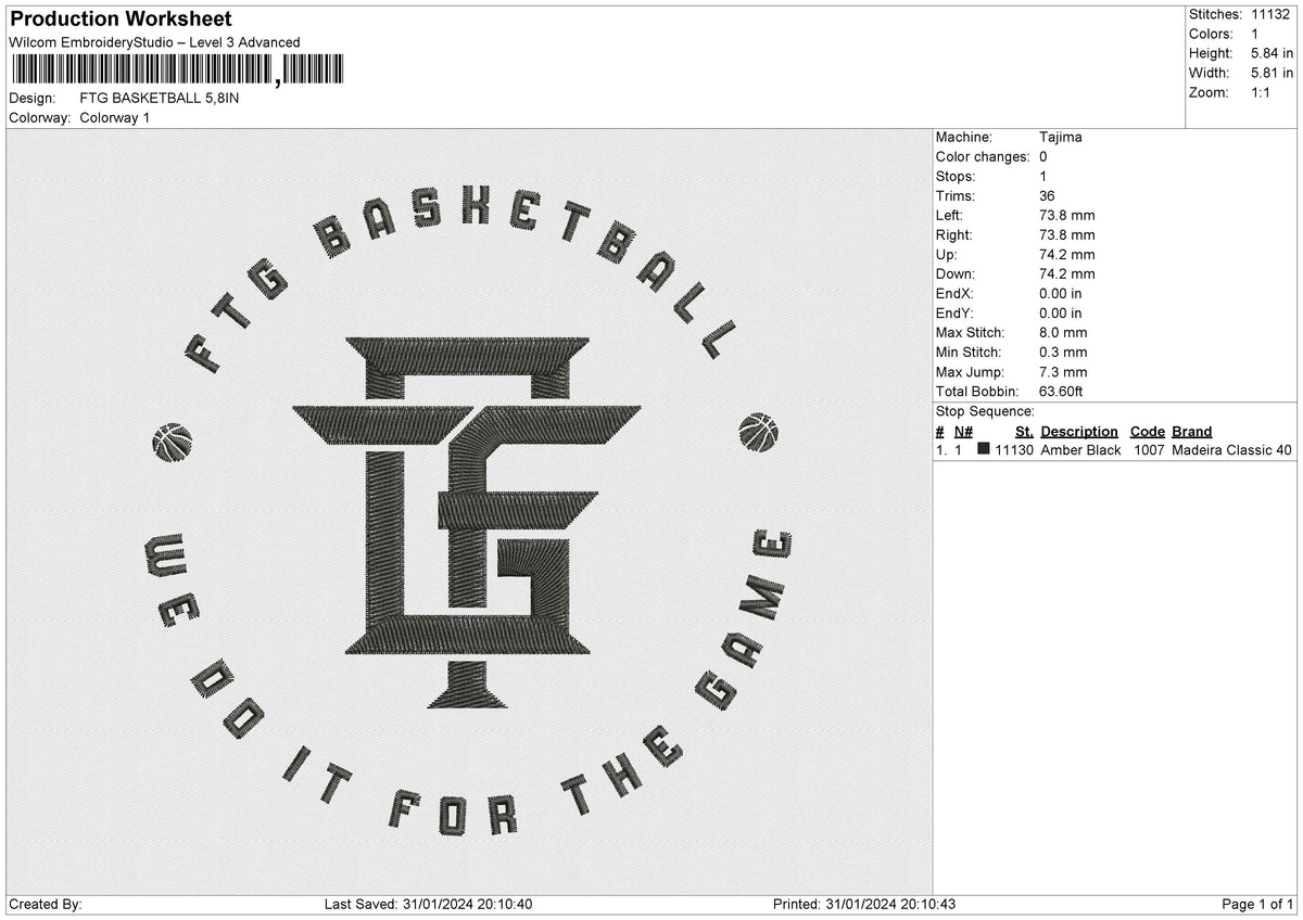 FTG BASKETBALL Embroidery File 6 size