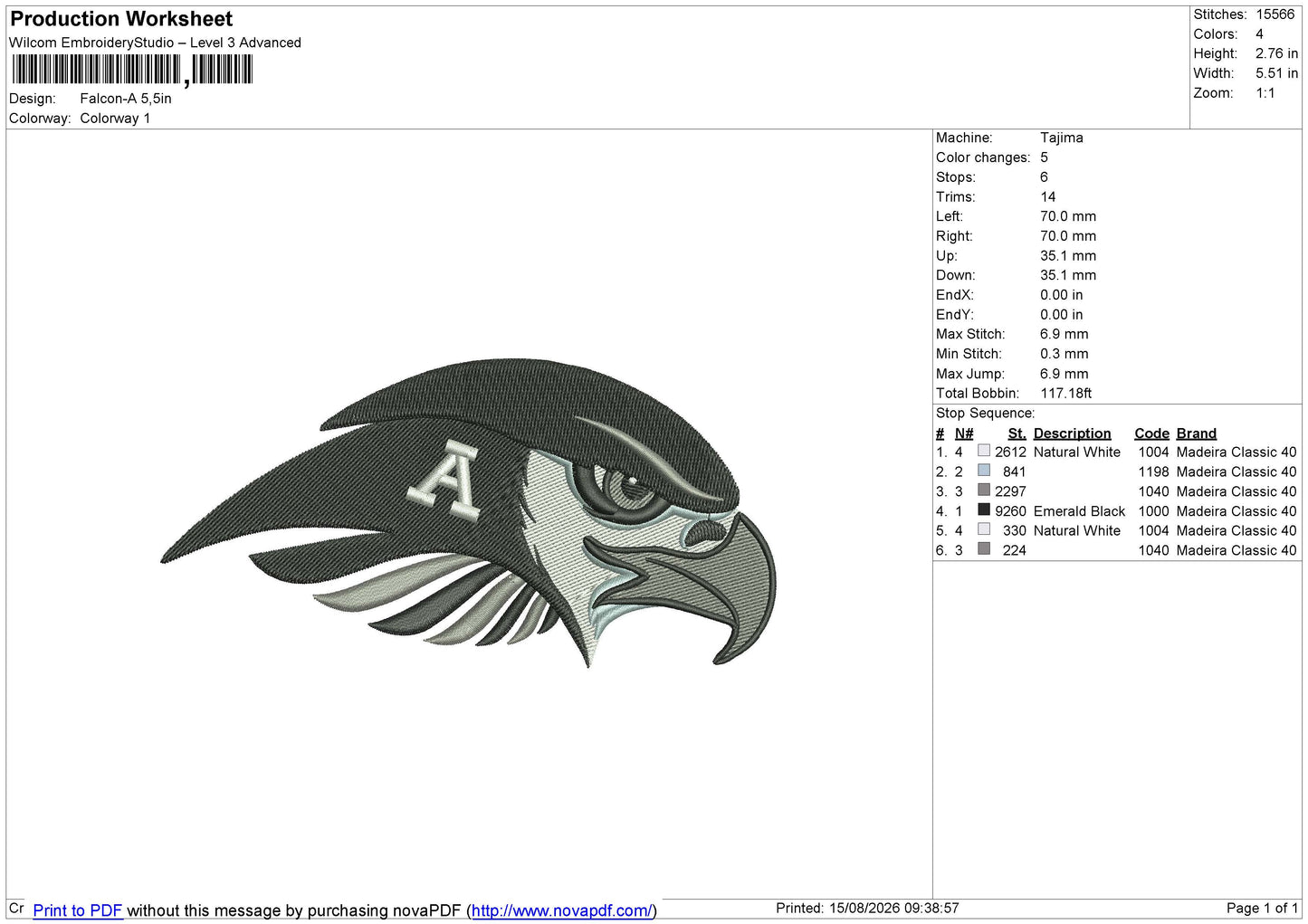 Falcon-A Embroidery File 6 size