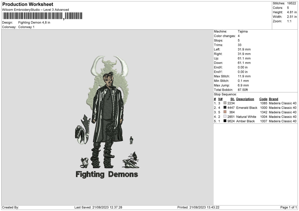Fighting Demon Embroidery File 6 sizes
