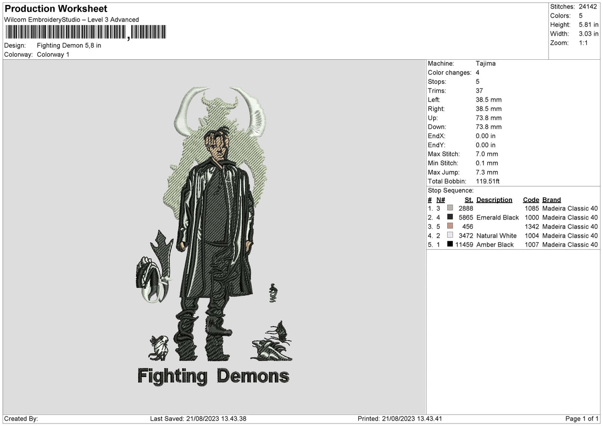 Fighting Demon Embroidery File 6 sizes