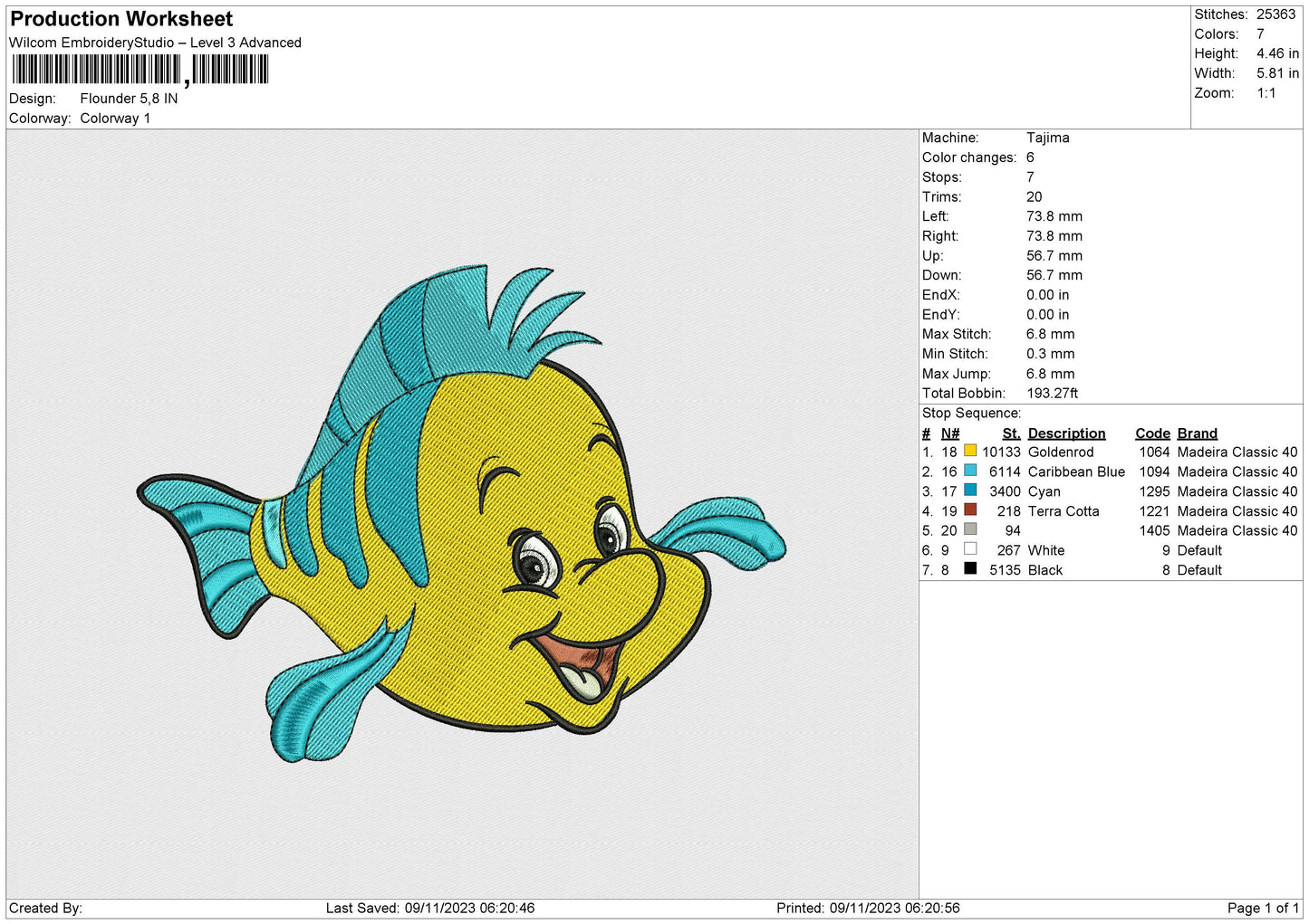 Flounder Embroidery File 6 size