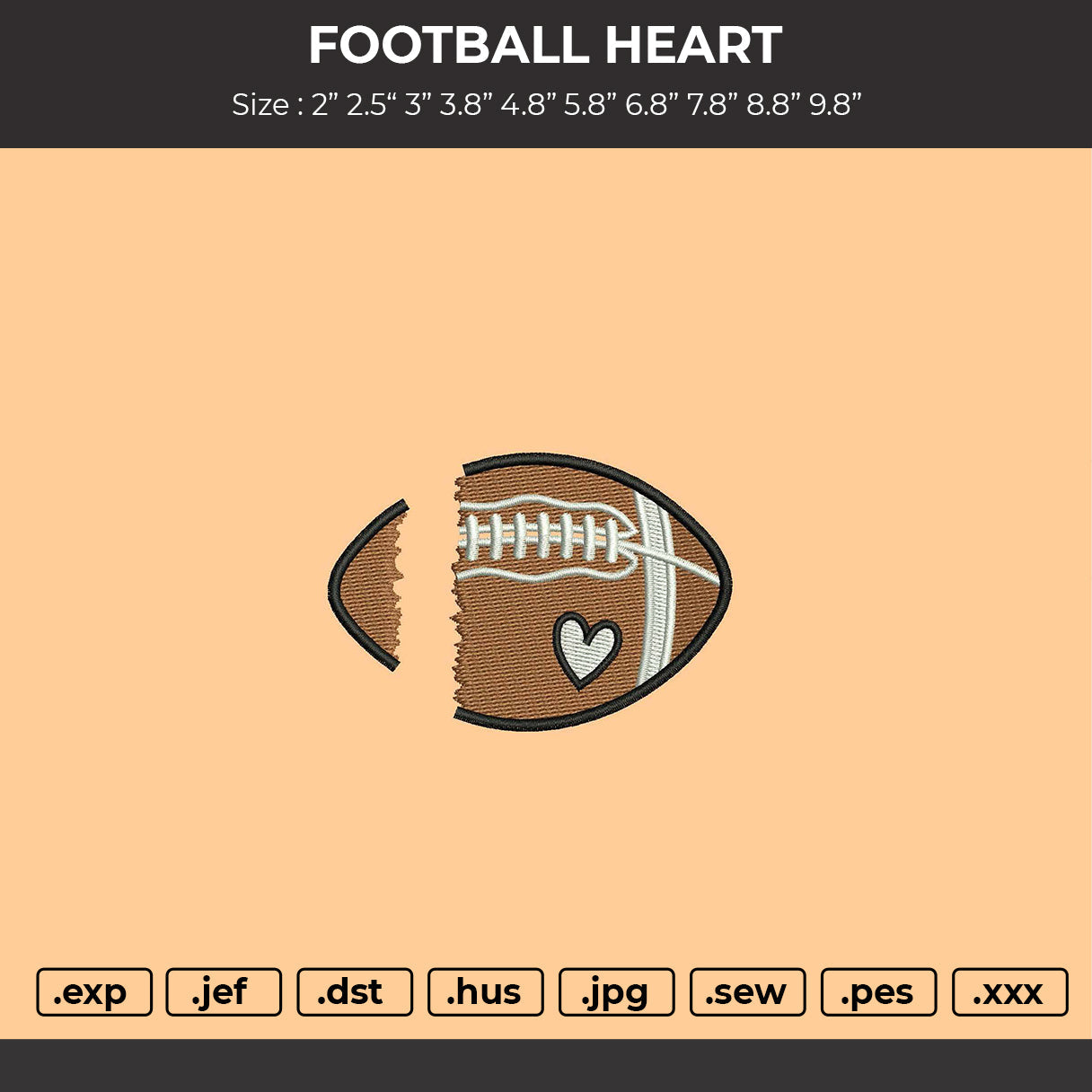 Football Heart Embroidery File 10 sizes