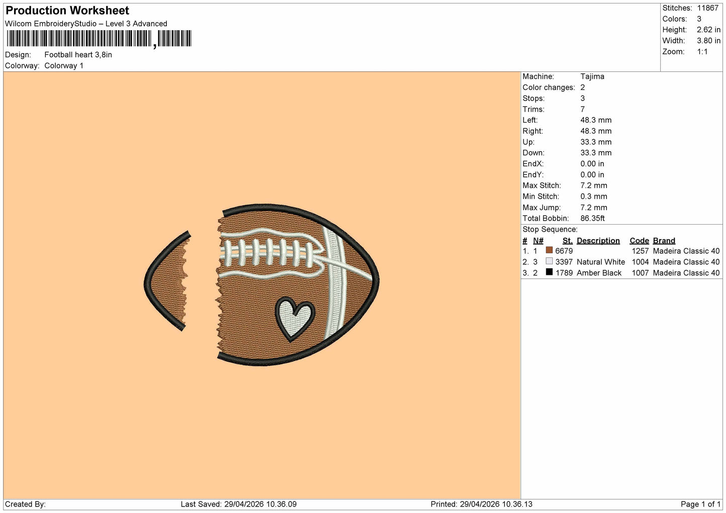 Football Heart Embroidery File 10 sizes