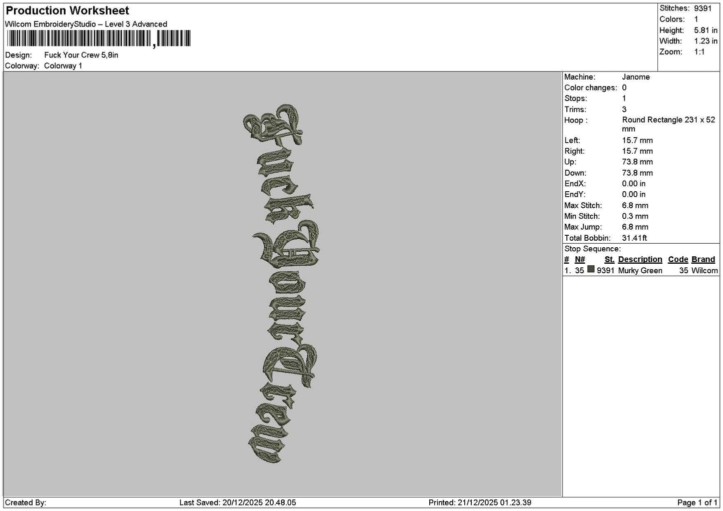 Crewtext Embroidery File 6 sizes