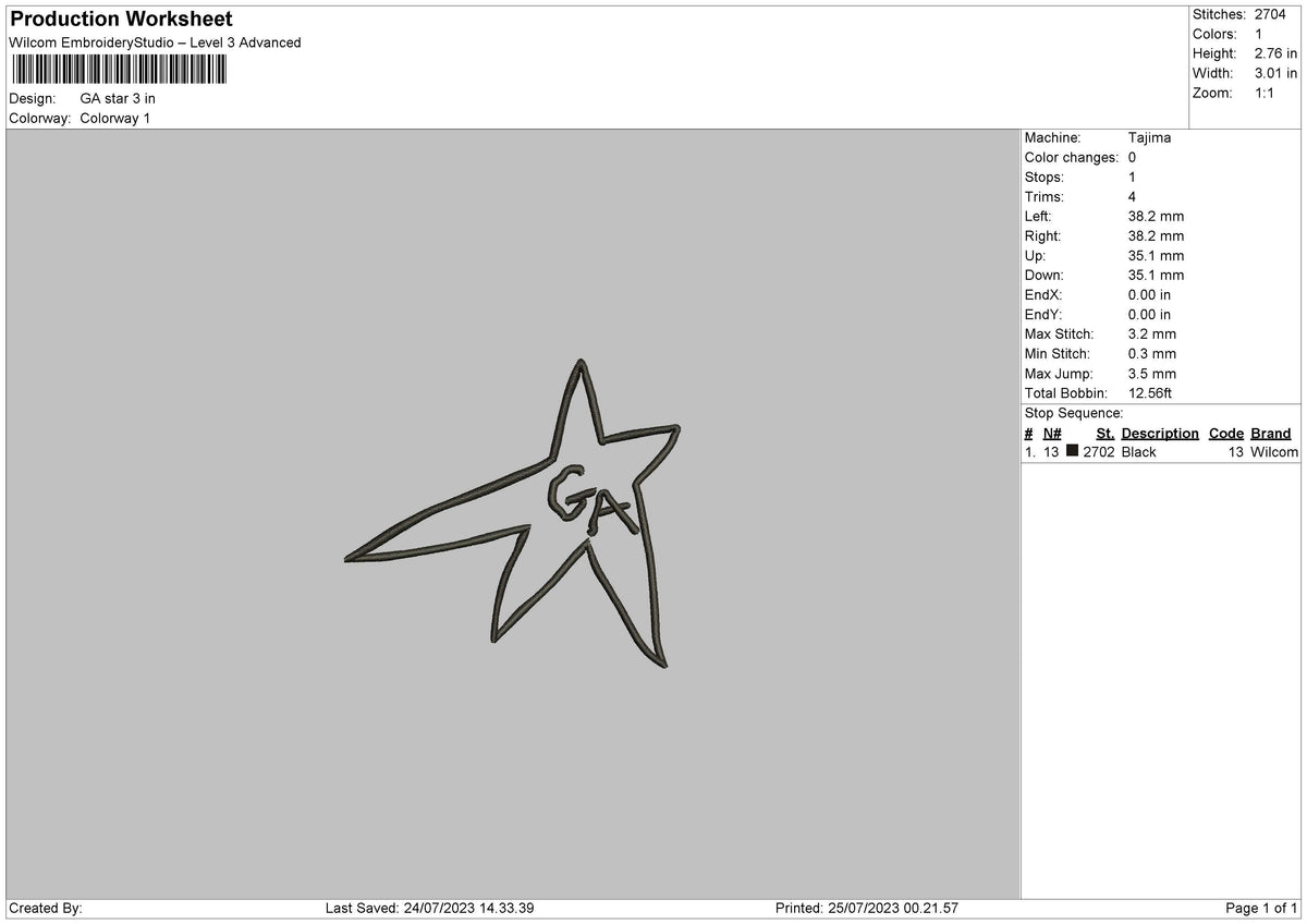 Ga Star Embroidery File 6 sizes
