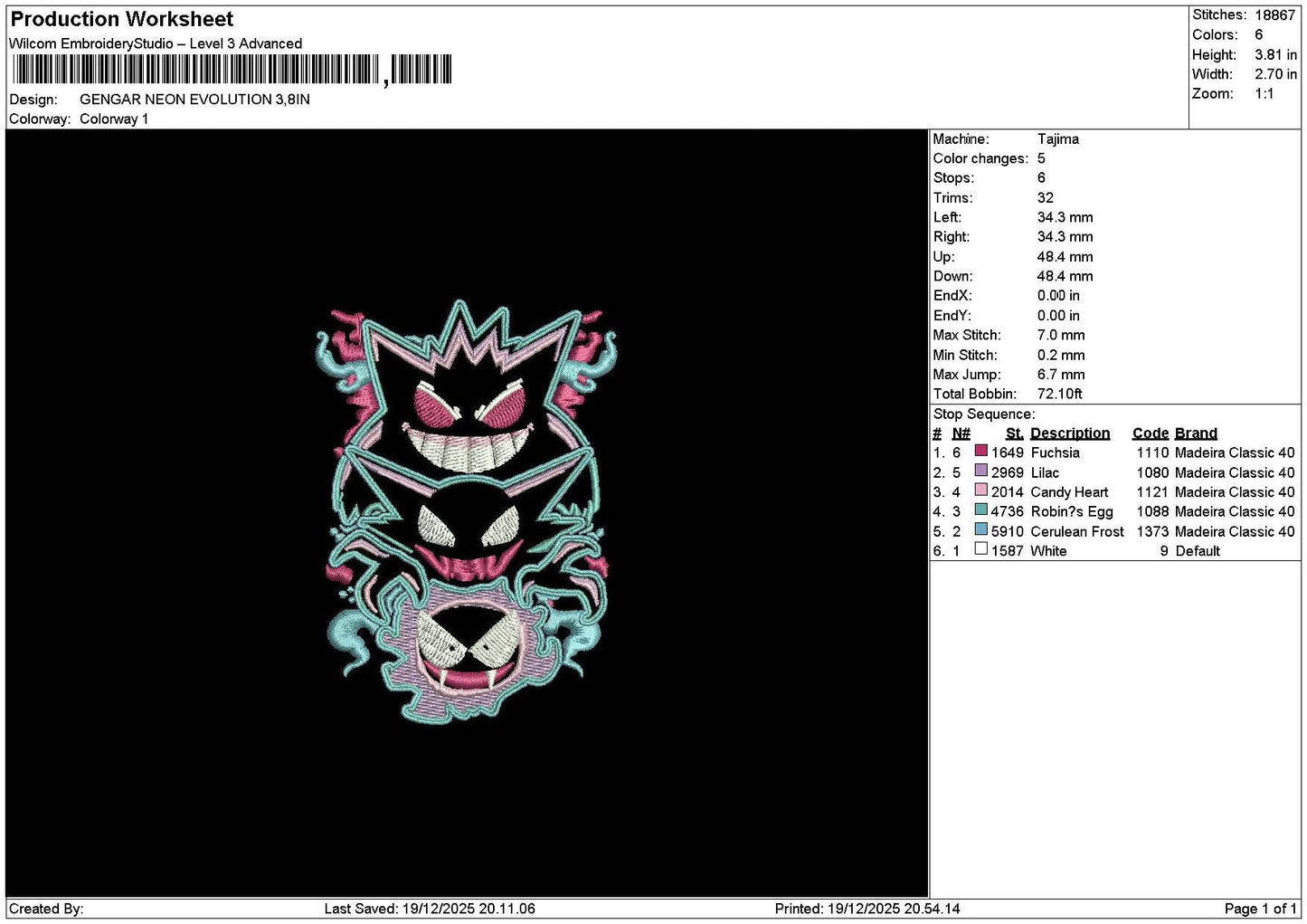 Gengar Outlines Neon Embroidery File 6 sizes