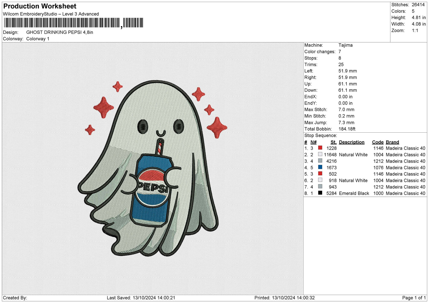 GHOST DRINKING PEPSI Embroidery File 6 size