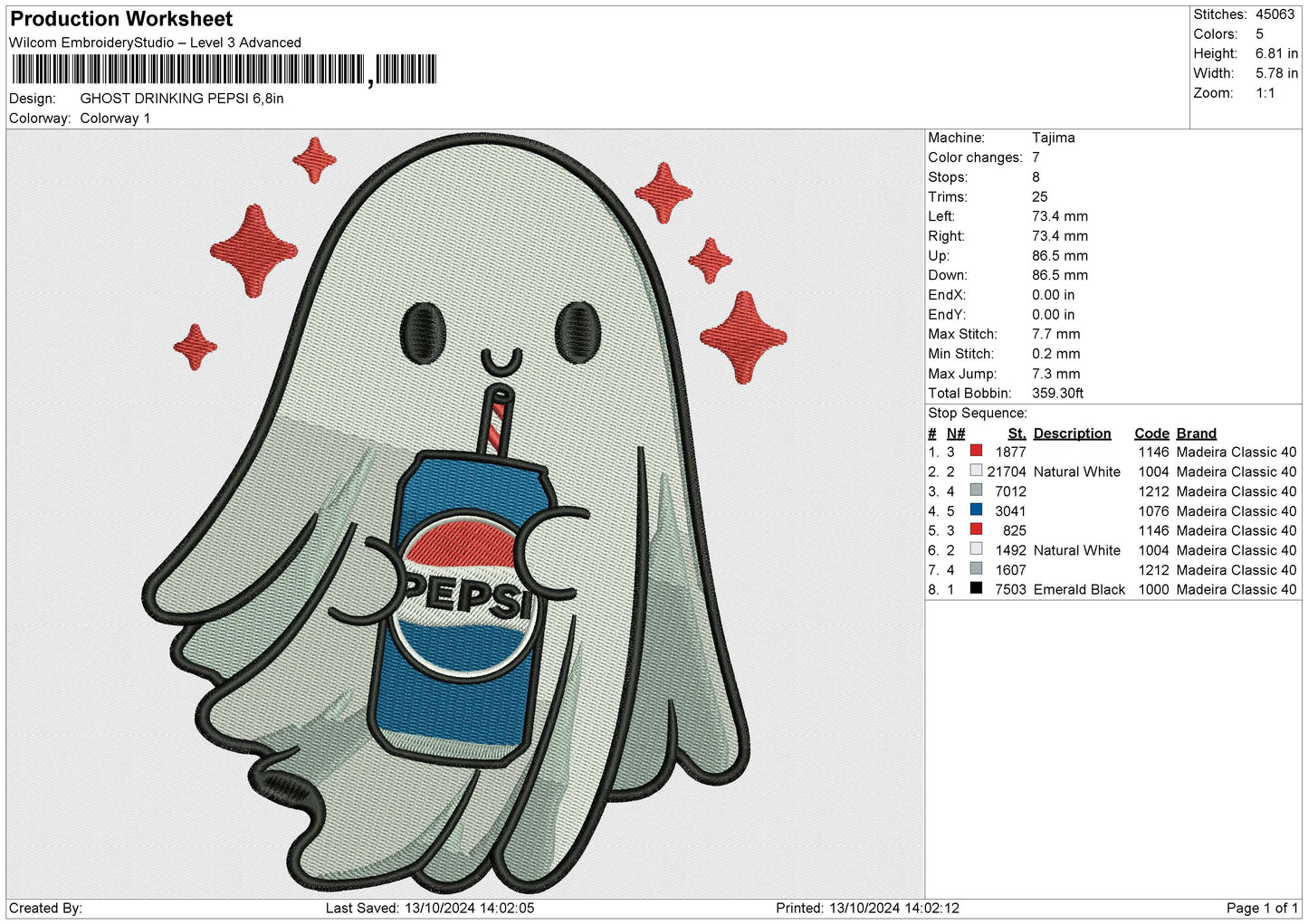 GHOST DRINKING PEPSI Embroidery File 6 size