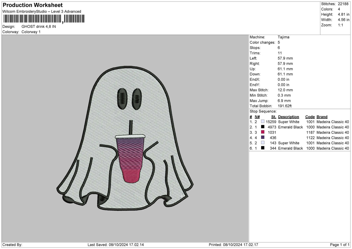 Ghost Drink Embroidery File 6 sizes