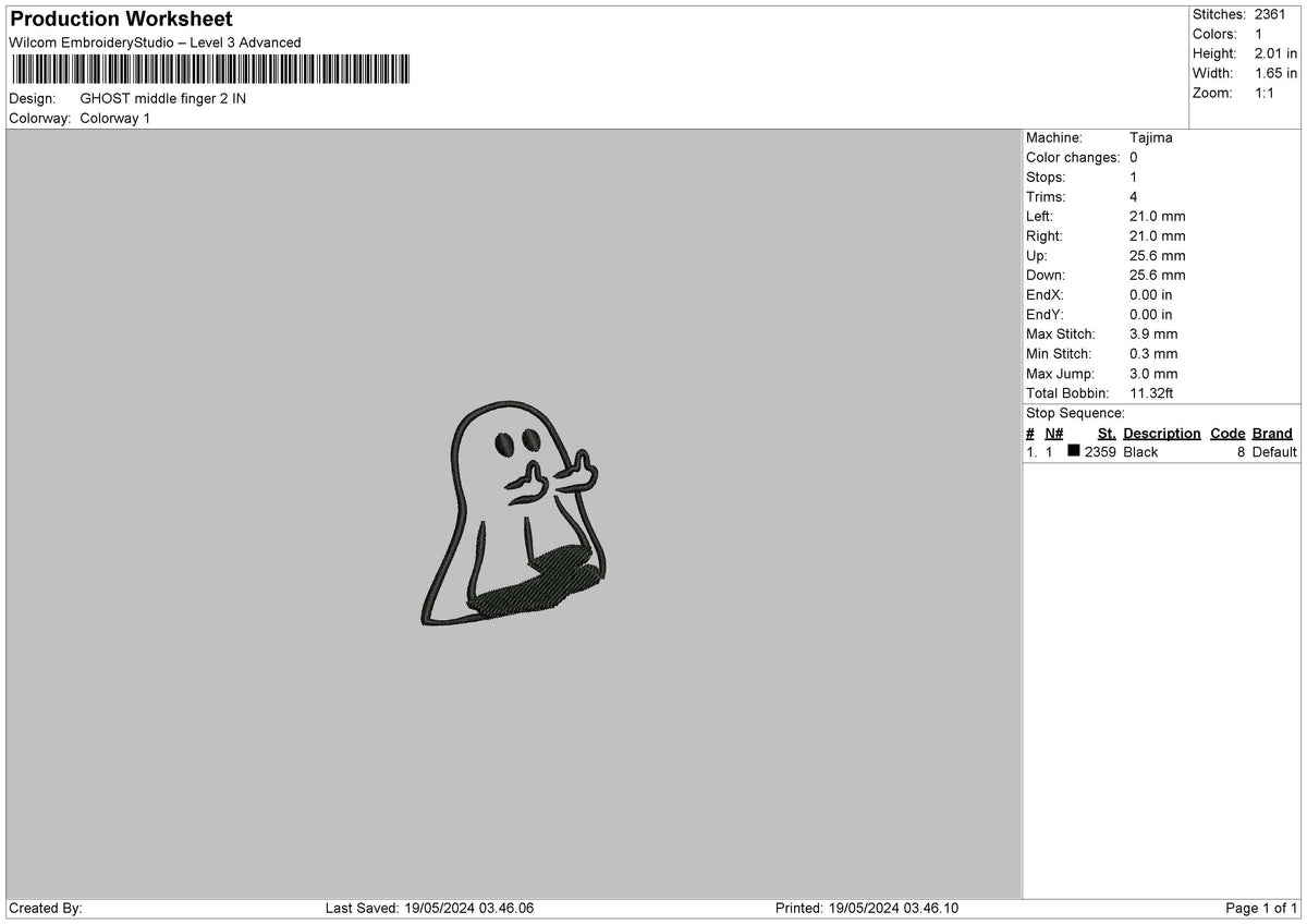 Ghost Middle Embroidery File 6 sizes