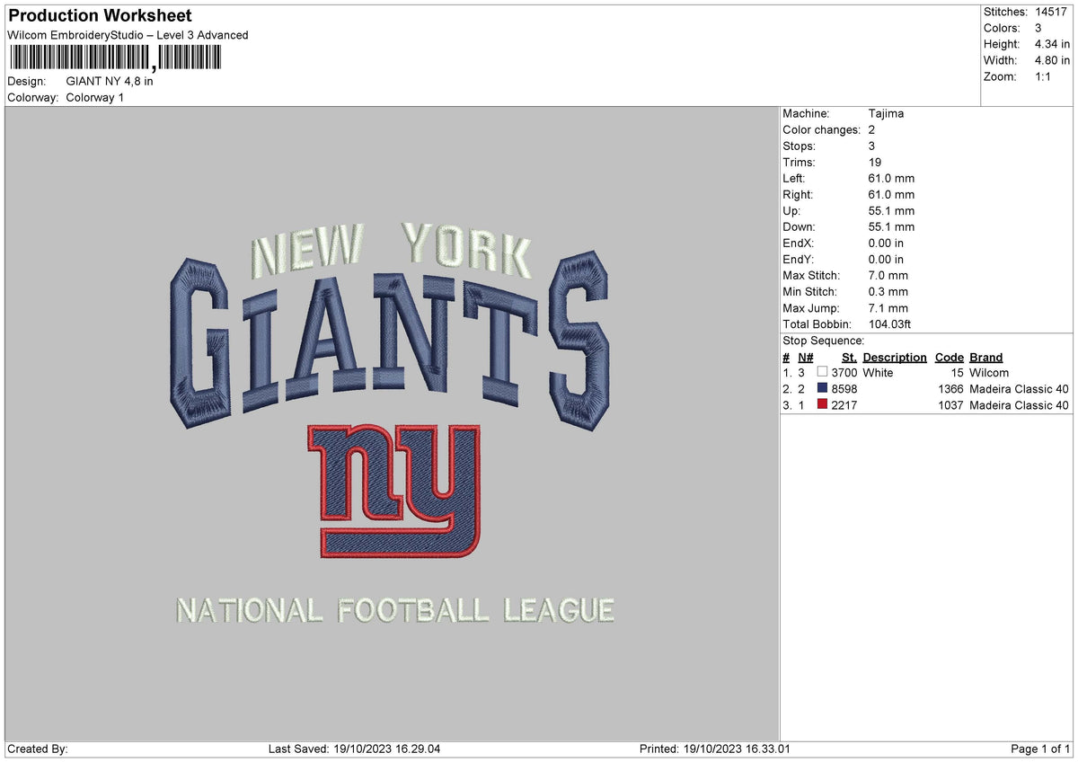 Giant Ny Embroidery File 6 sizes