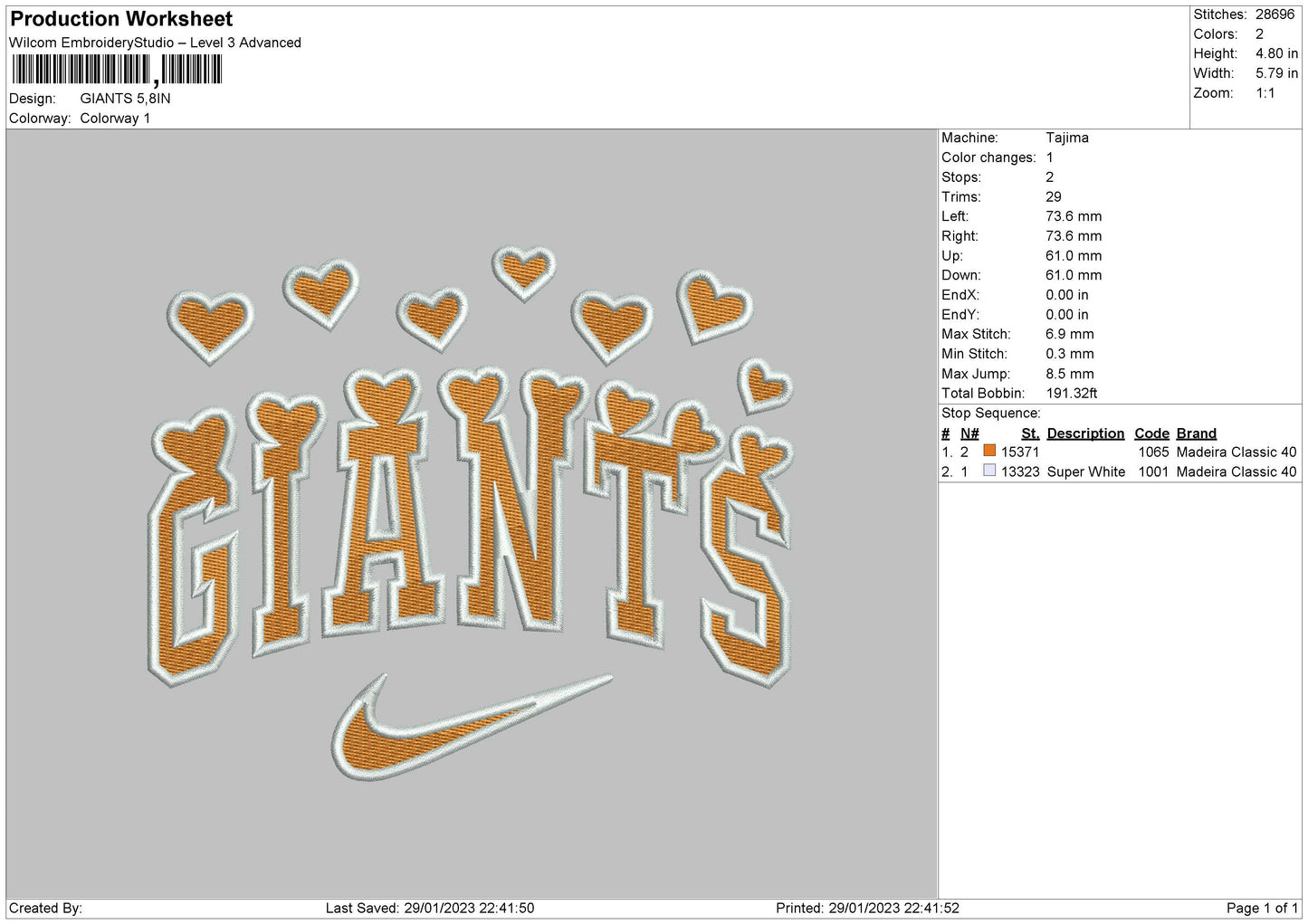 Giants Embroidery File 6 sizes