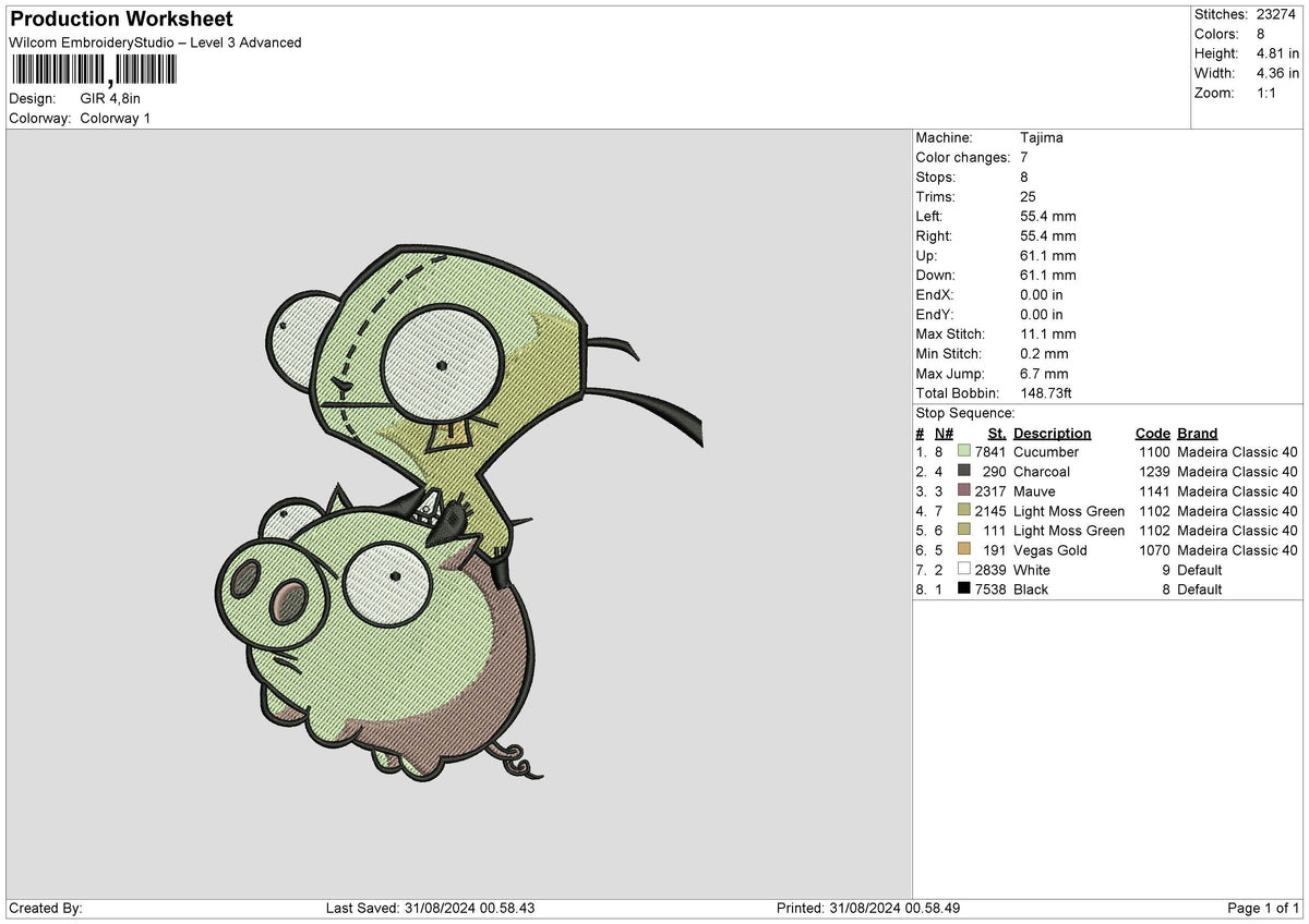 Pig 3108 Embroidery File 6 sizes