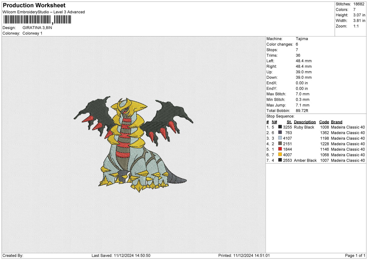 GIRATINA Embroidery File 6 size