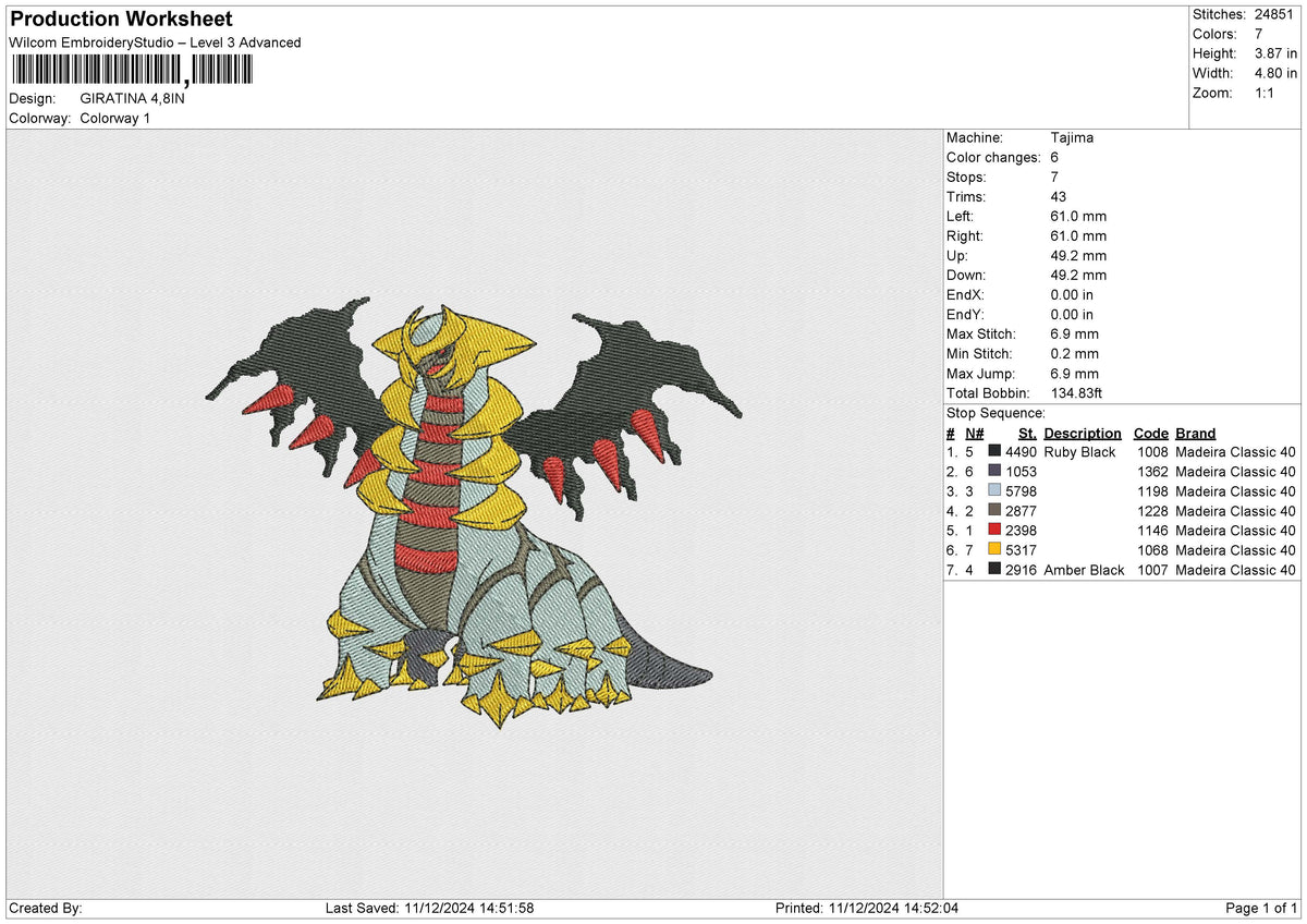 GIRATINA Embroidery File 6 size