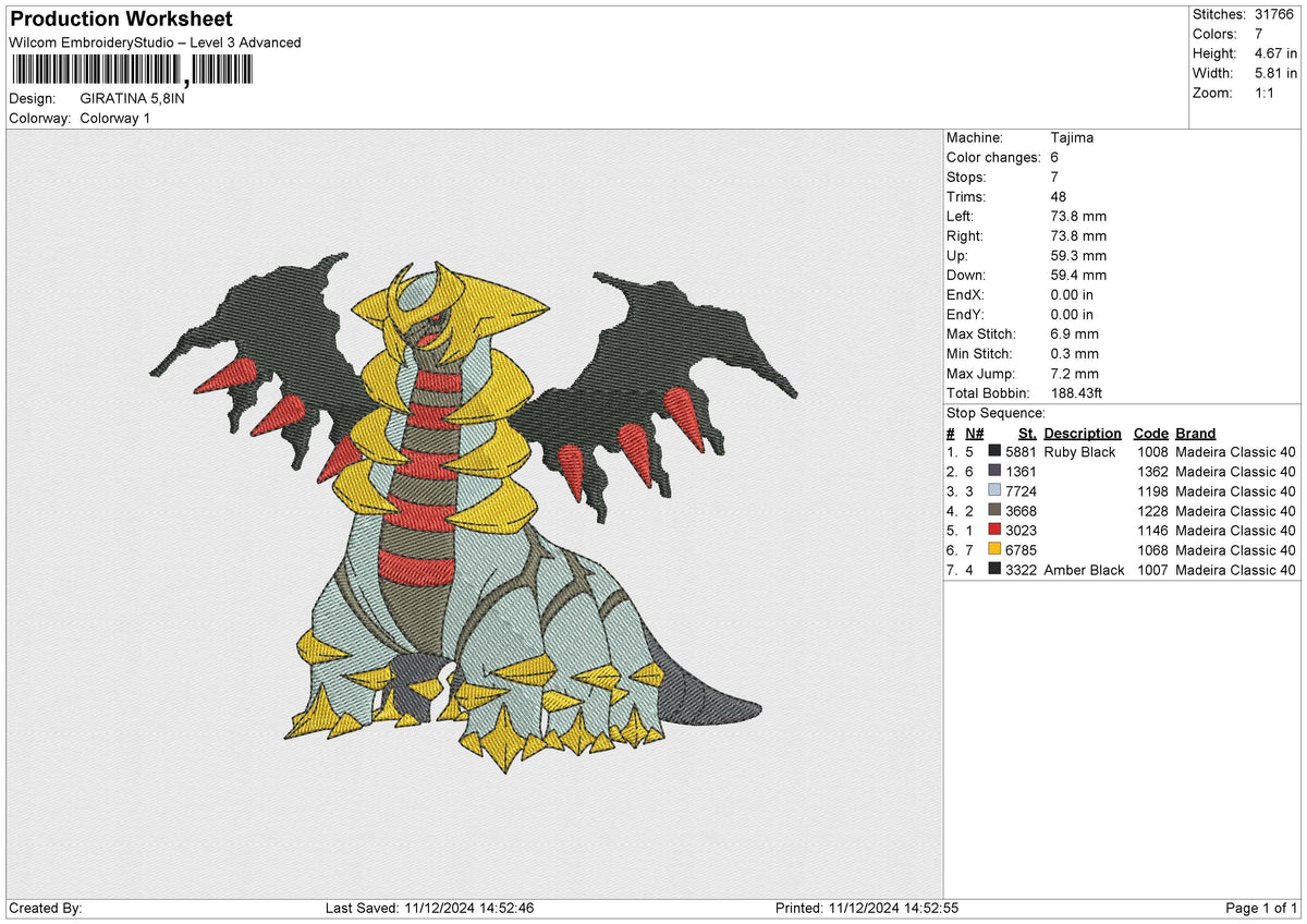 GIRATINA Embroidery File 6 size