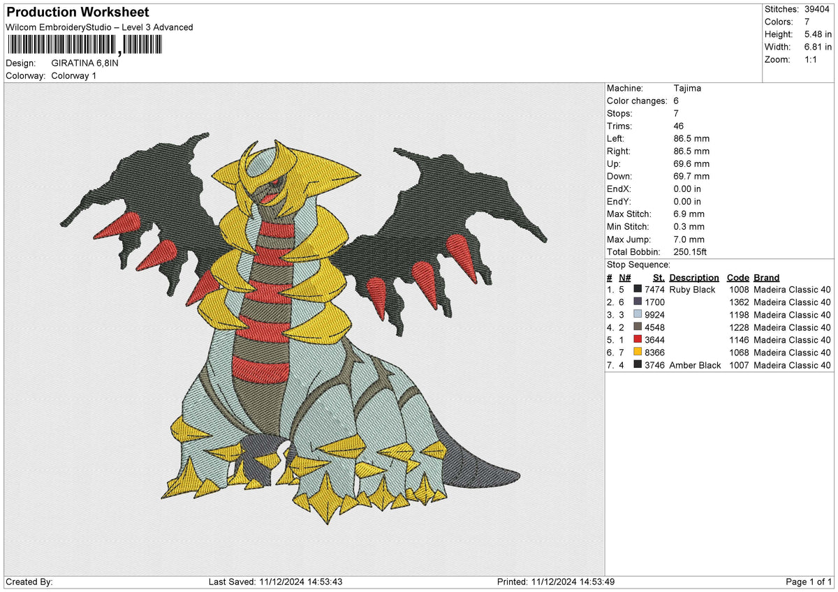 GIRATINA Embroidery File 6 size