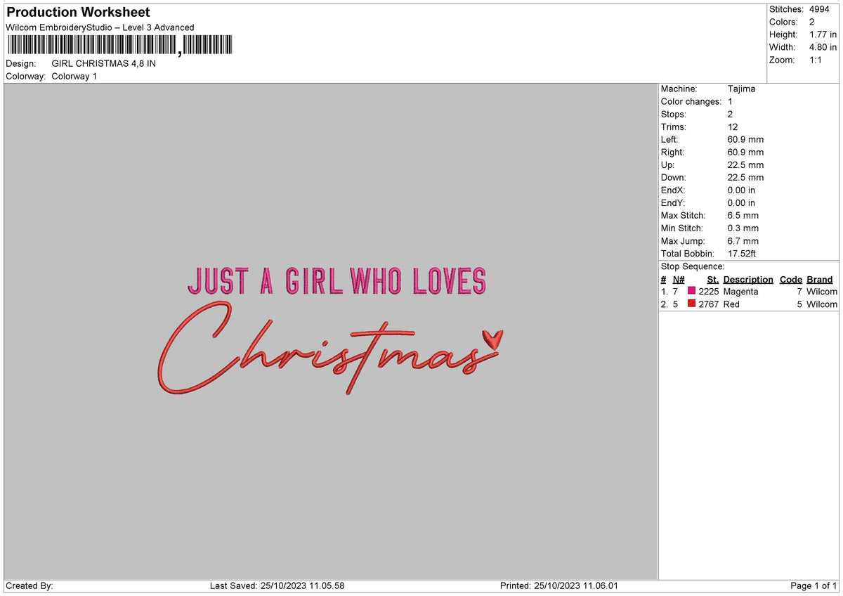 Girl Xmas Embroidery File 6 sizes
