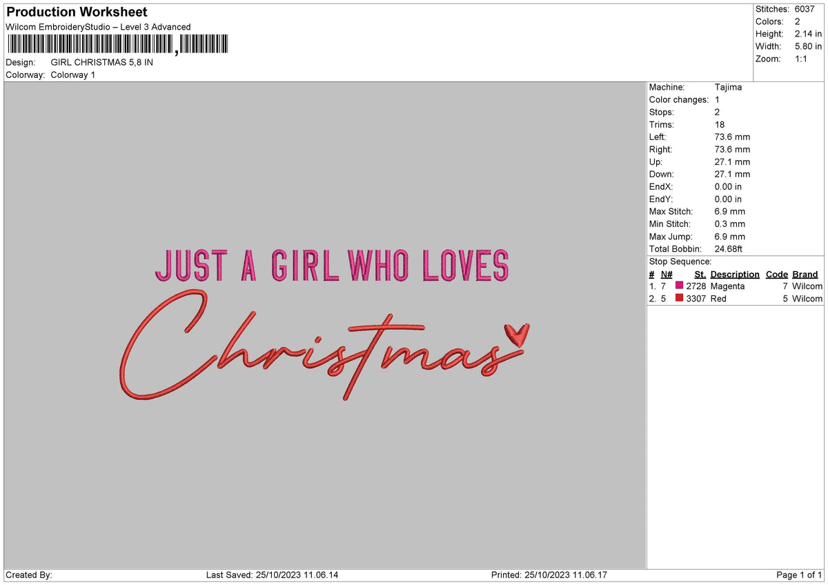 Girl Xmas Embroidery File 6 sizes