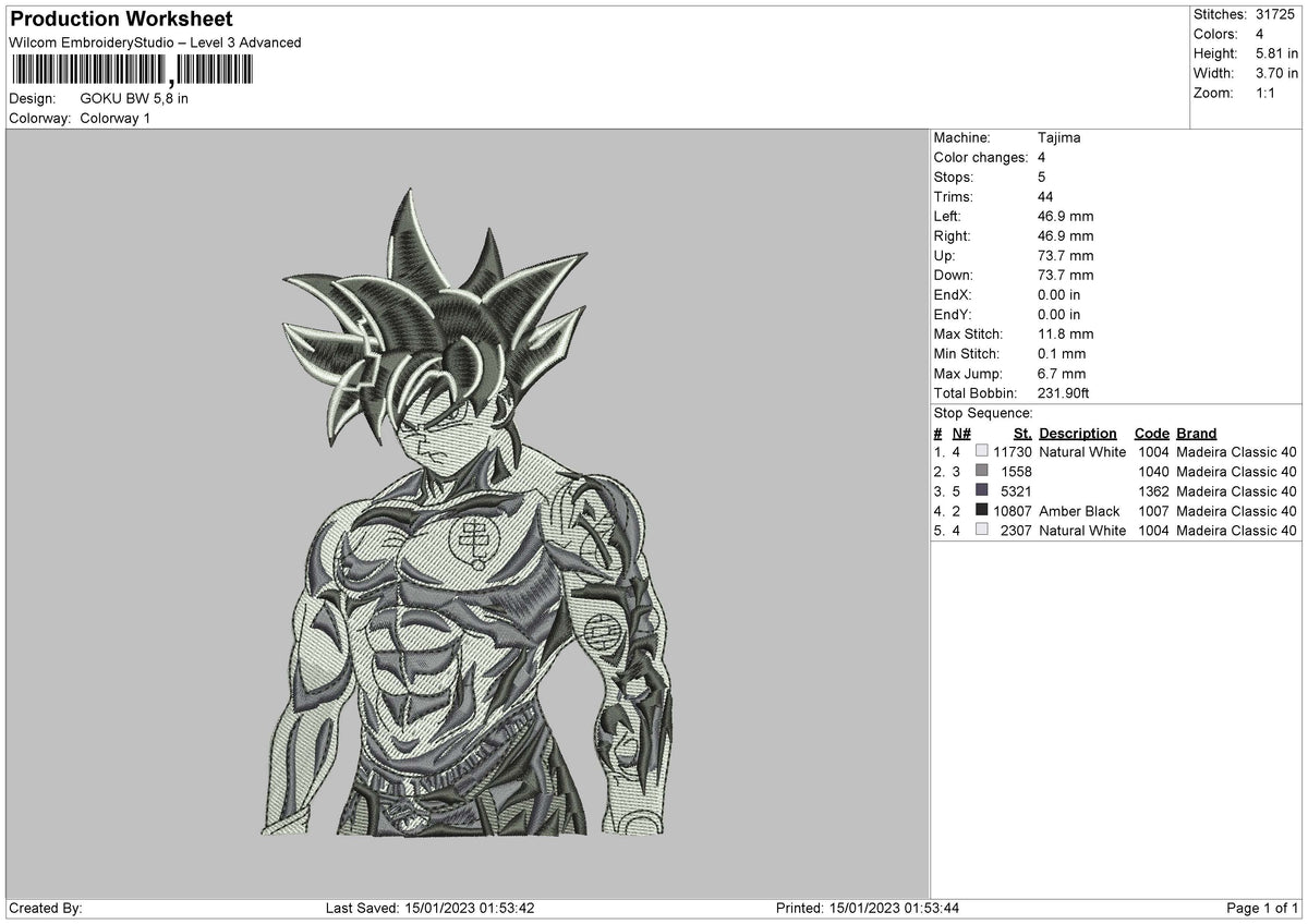 Goku Bw Embroidery File 6 sizes