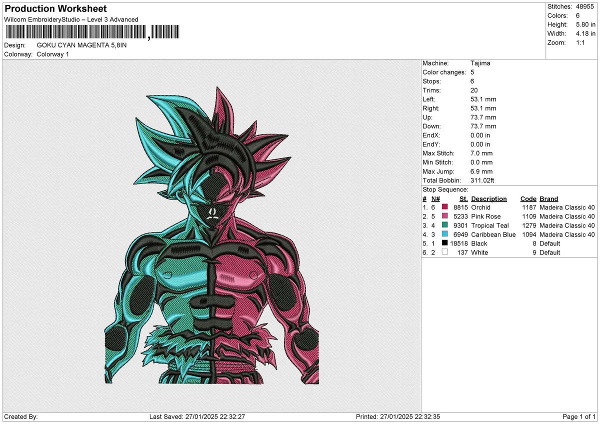 GOKU CYAN MAGENTA Embroidery File 6 size