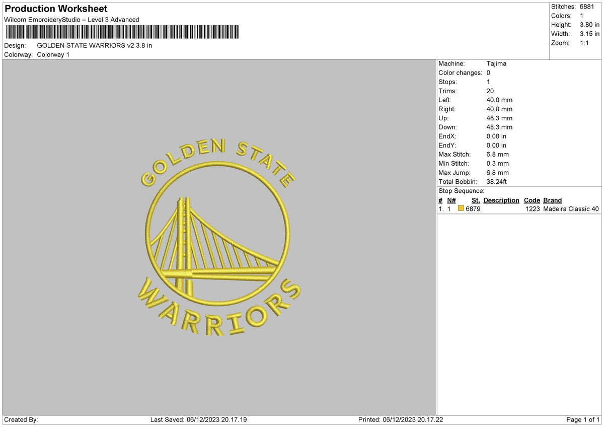 Golden State Embroidery File 6 sizes