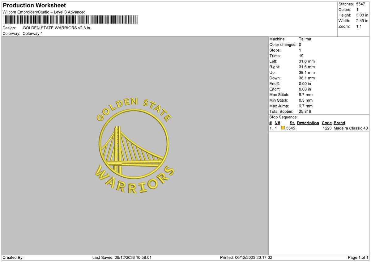 Golden State Embroidery File 6 sizes
