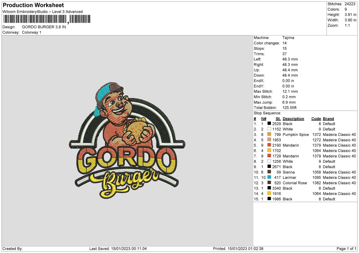 Gordo Burger Embroidery Fle 6 sizes