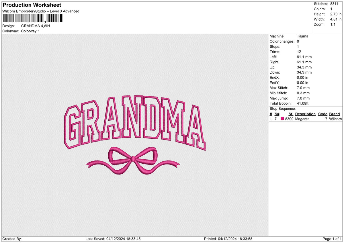 GRANDMA Embroidery File 6 size