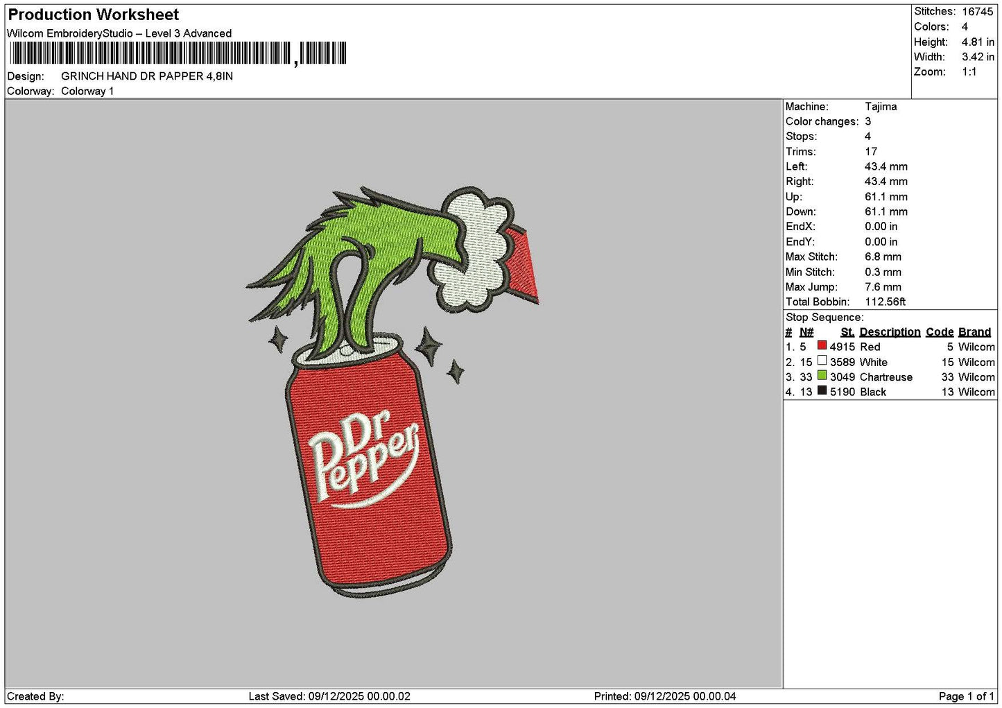 Grinch Hand0812 Embroidery File 6 sizes