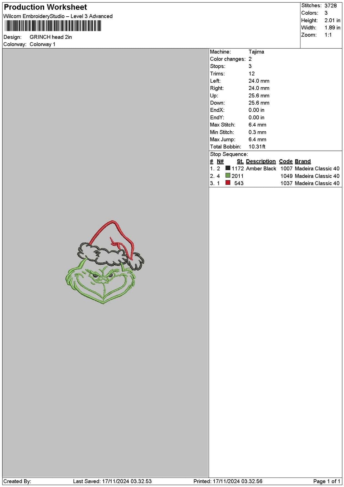 Grinch Head Small Embroidery File 6 sizes