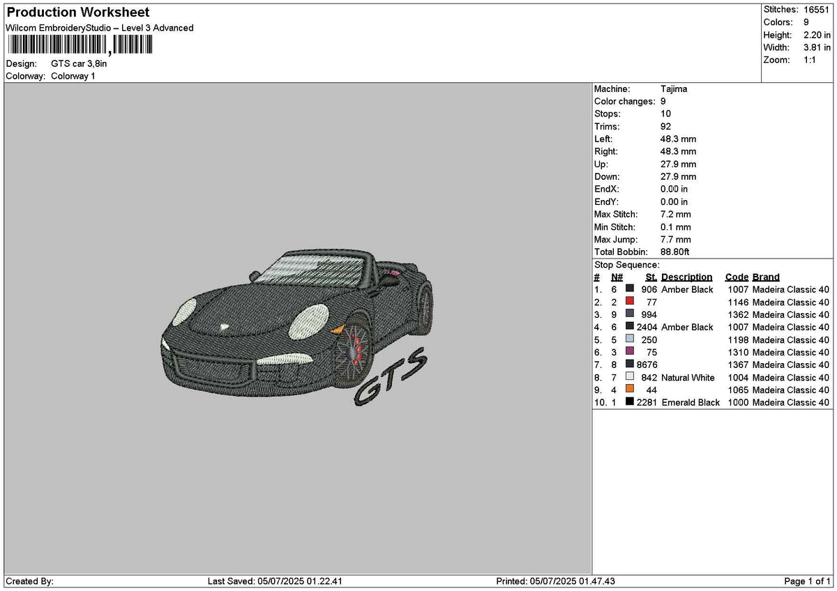 Black Car Gts 0507 Embroidery File 6 sizes