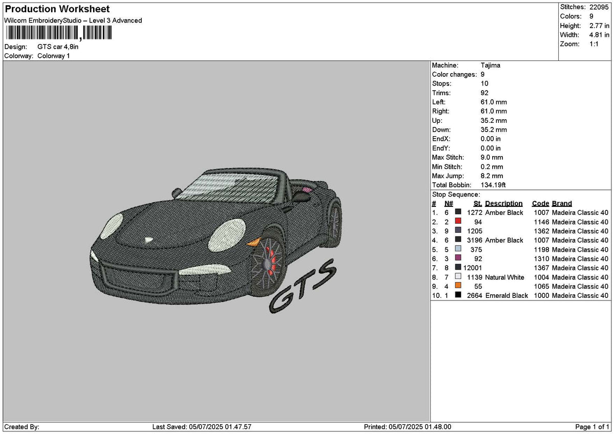 Black Car Gts 0507 Embroidery File 6 sizes