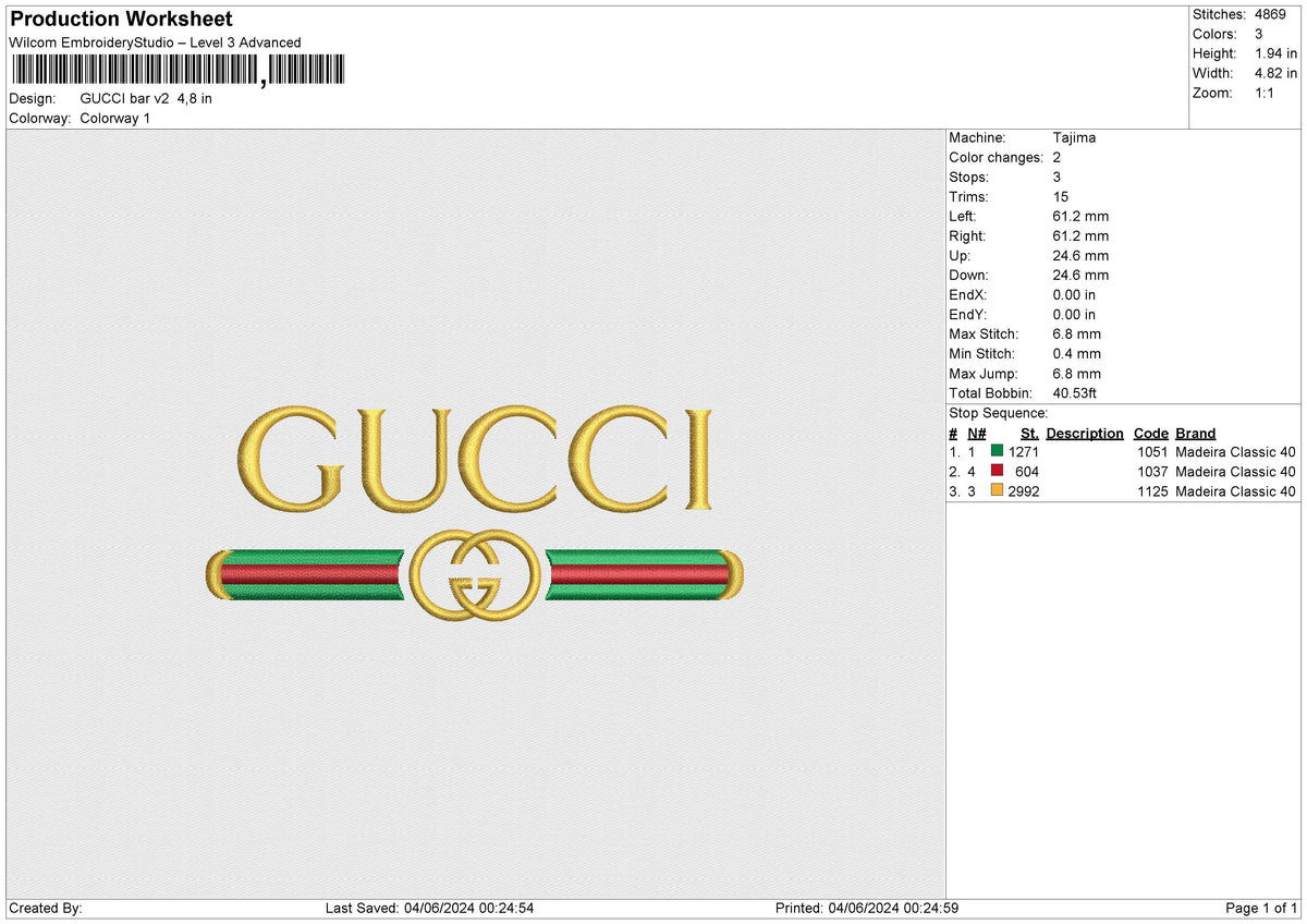 GUCCI Bar v2 Embroidery File 6 size