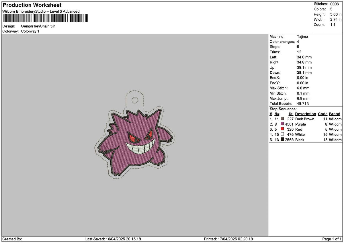 Gengar Keychain Embroidery File 6 sizes