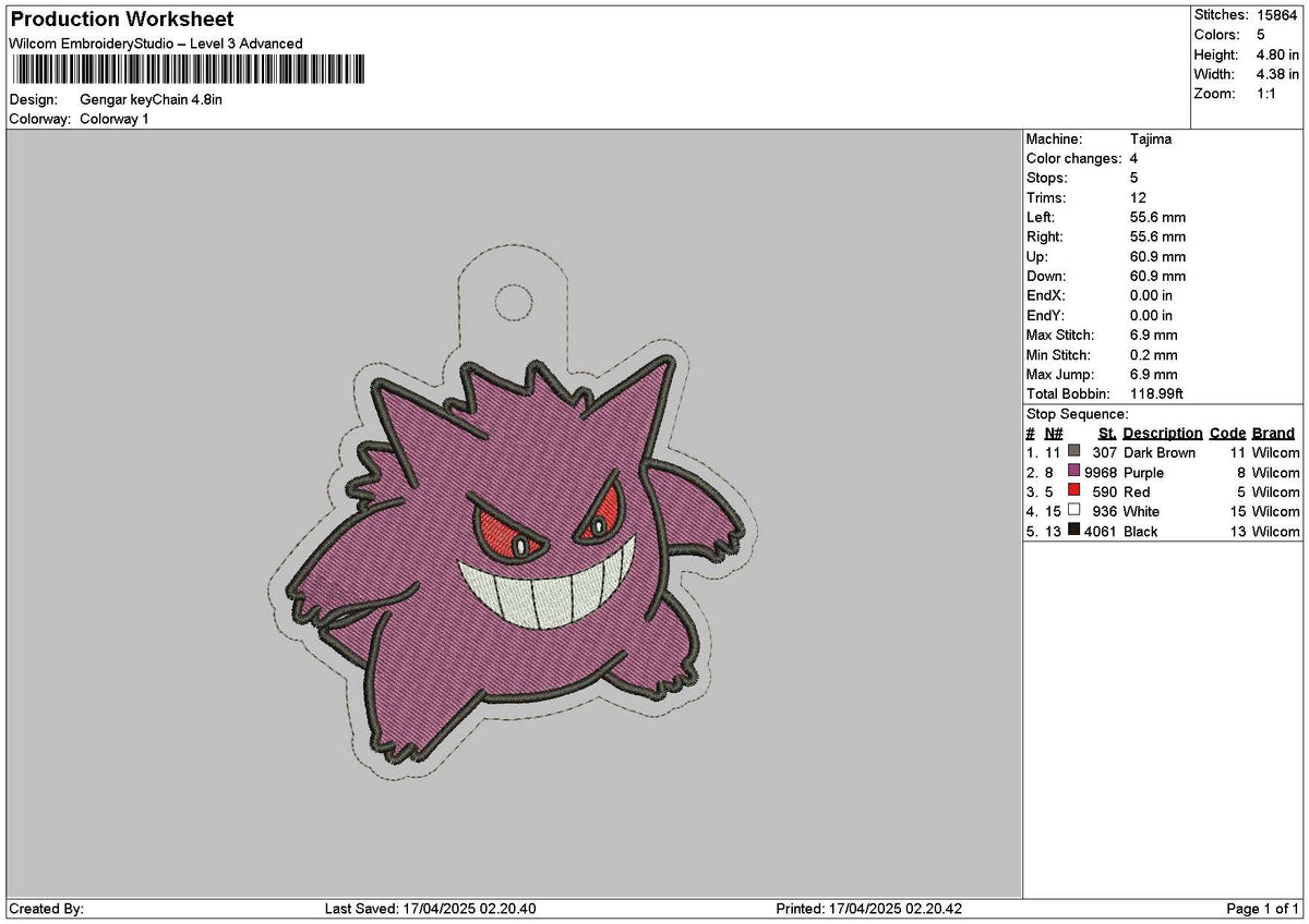 Gengar Keychain Embroidery File 6 sizes