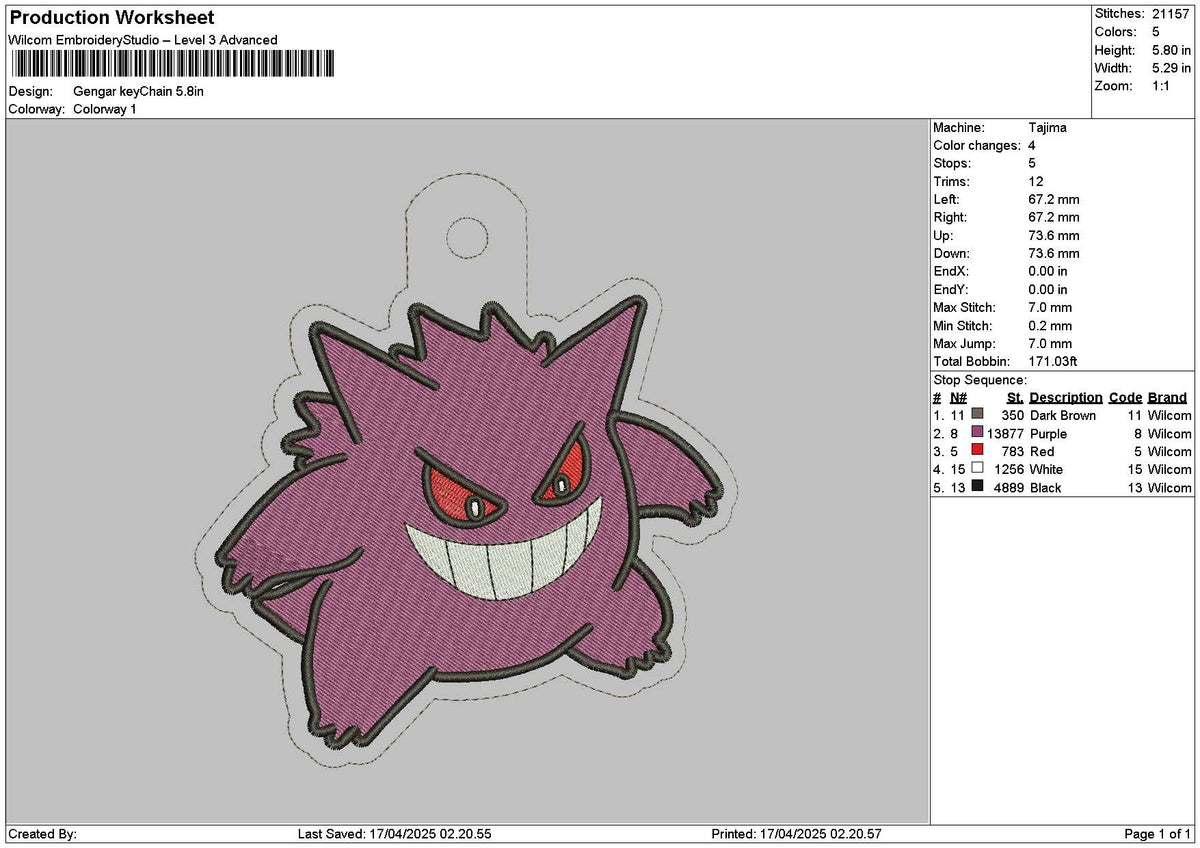 Gengar Keychain Embroidery File 6 sizes
