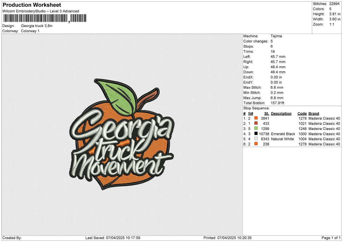 Georgia truck Embroidery File 6 size