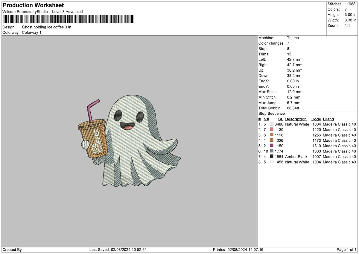 Ghost Ice Coffee Embroidery File 6 sizes