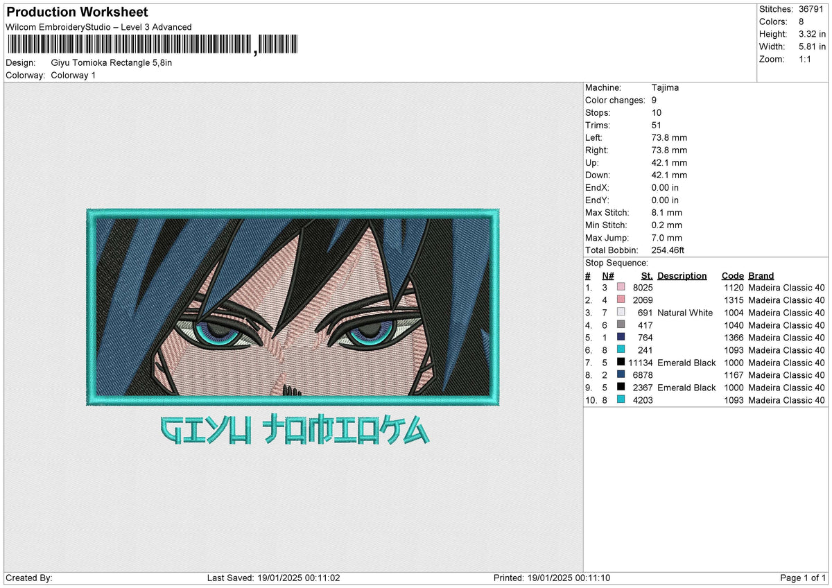 Giyu Tomioka Rectangle Embroidery File 6 size