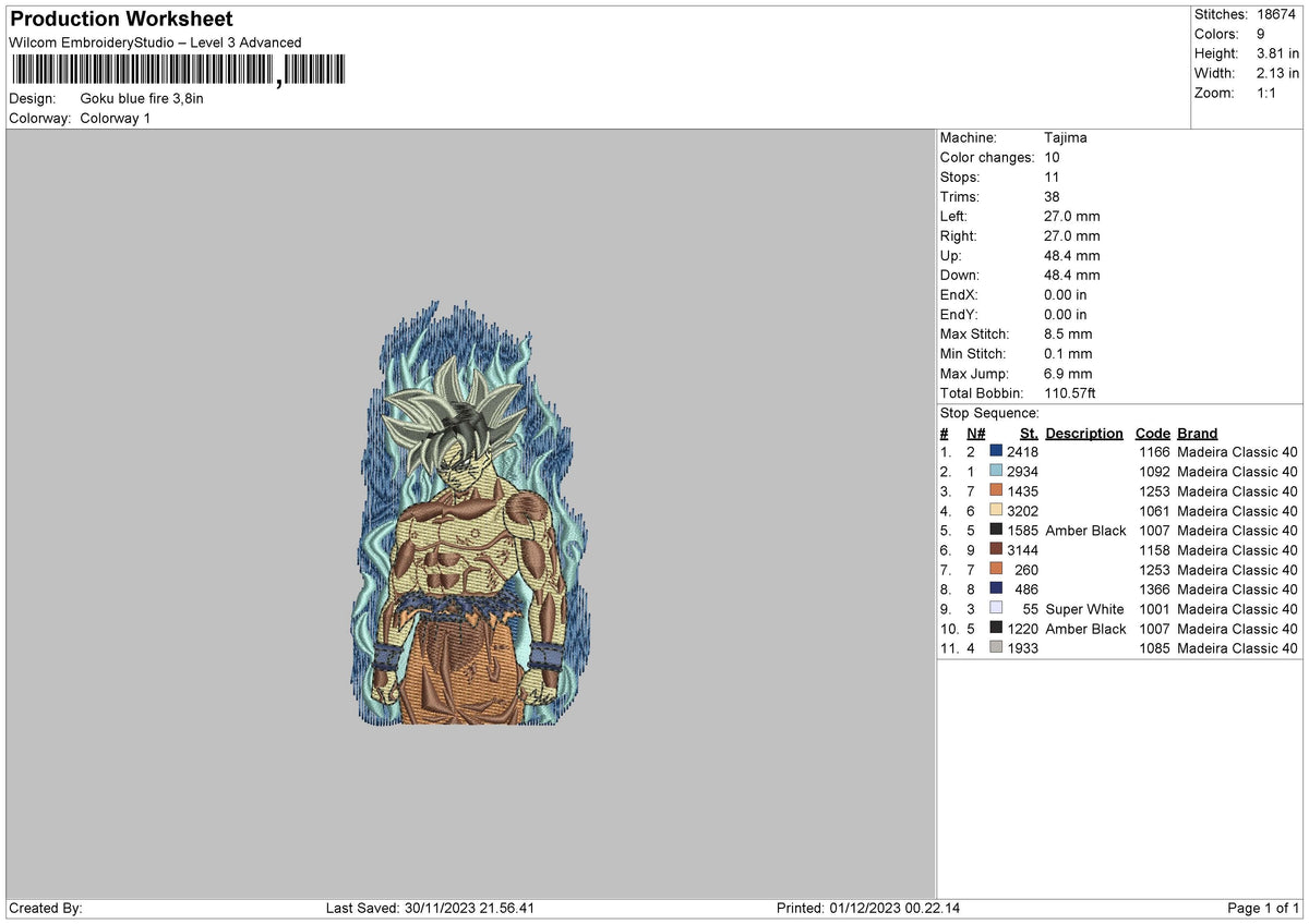 Goku Blue 3011 Embroidery File 6 sizes