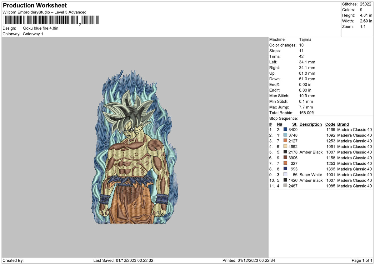 Goku Blue 3011 Embroidery File 6 sizes