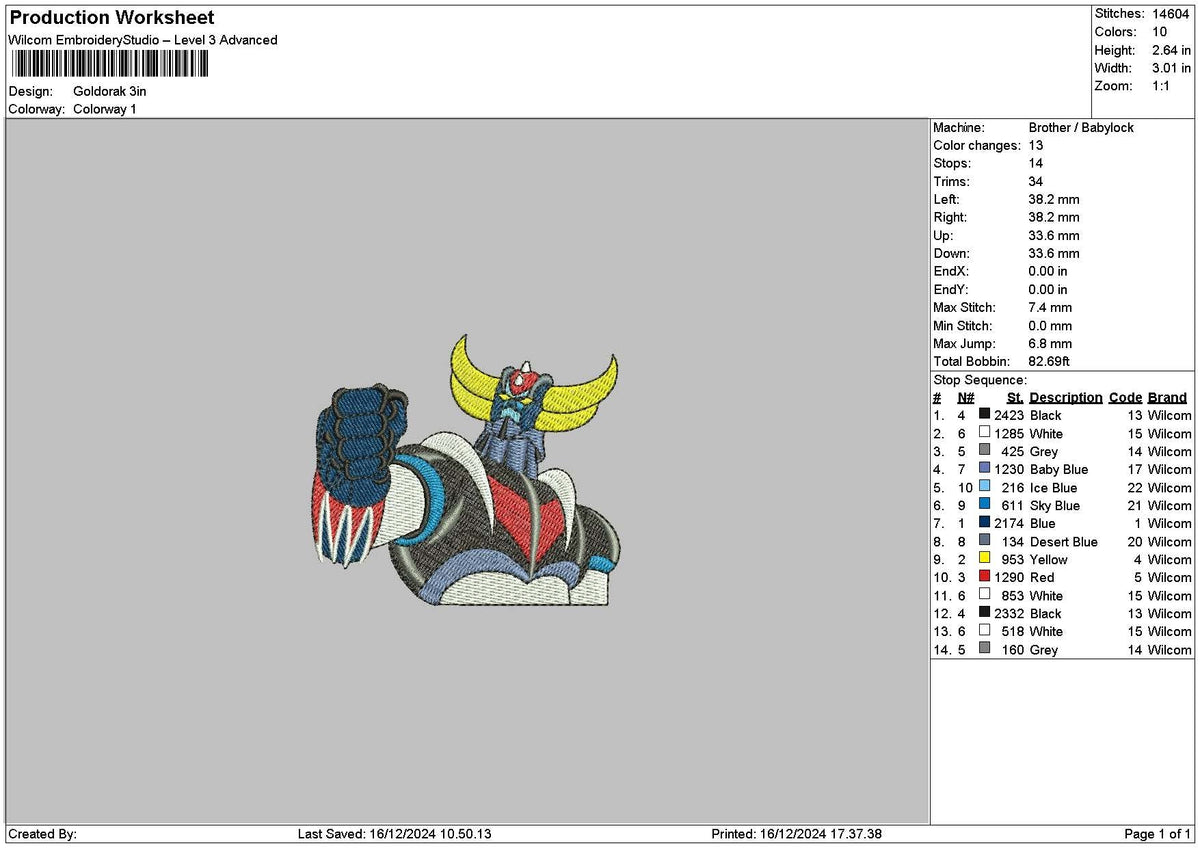 Goldorak Embroidery File 6 sizes