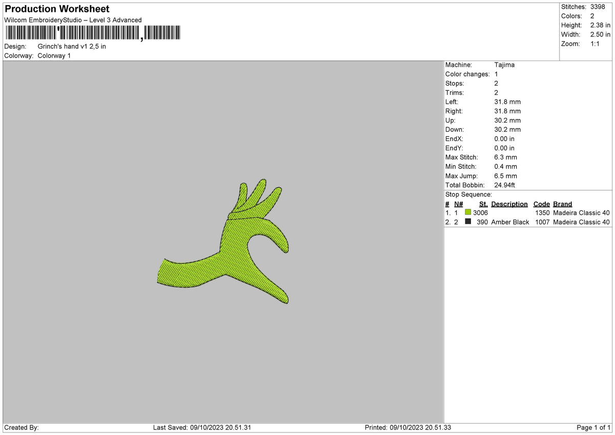 Grinchs Hand V1 Embroidery File 6 sizes