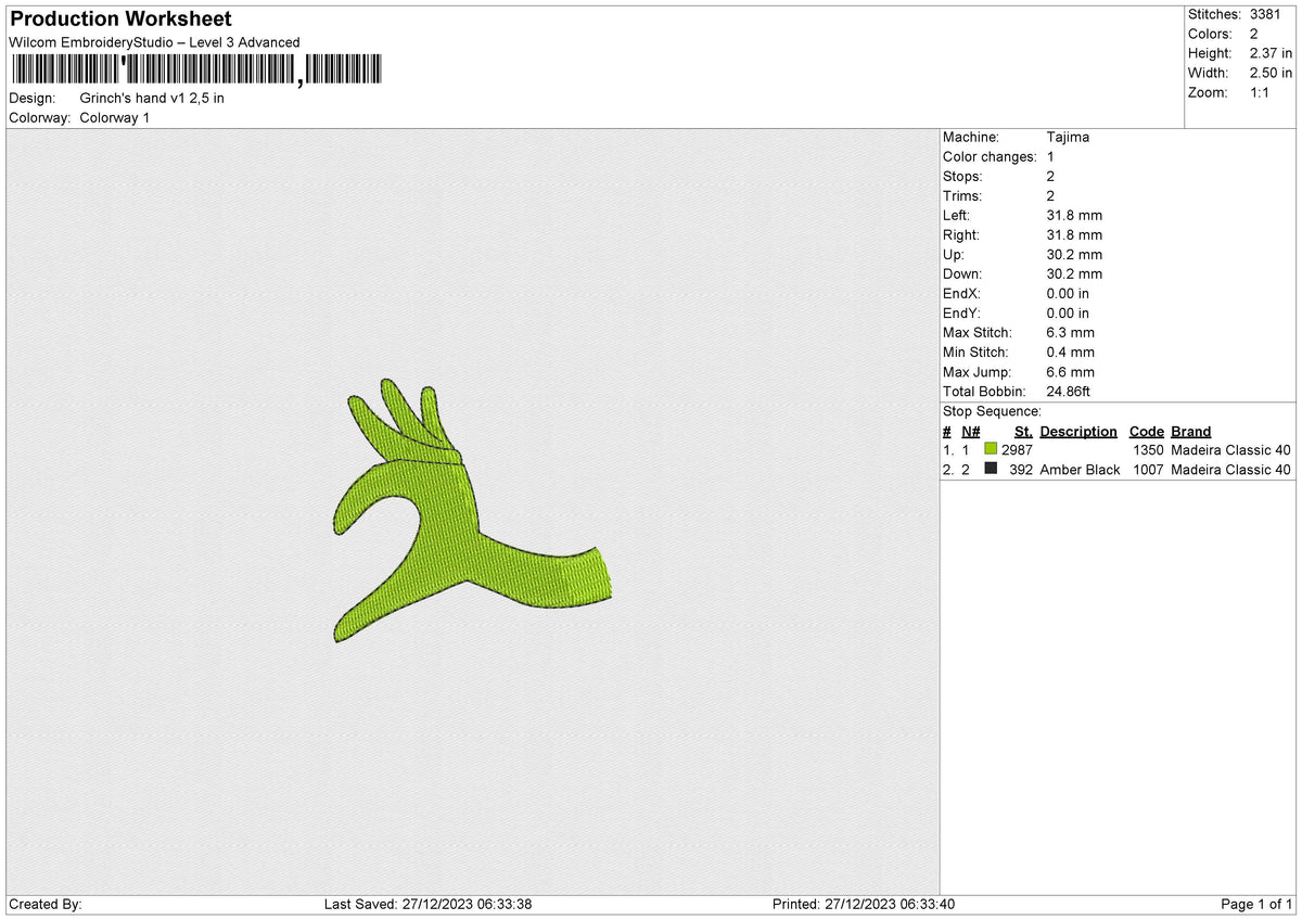 Grinch's hand v1 Embroidery File 6 size