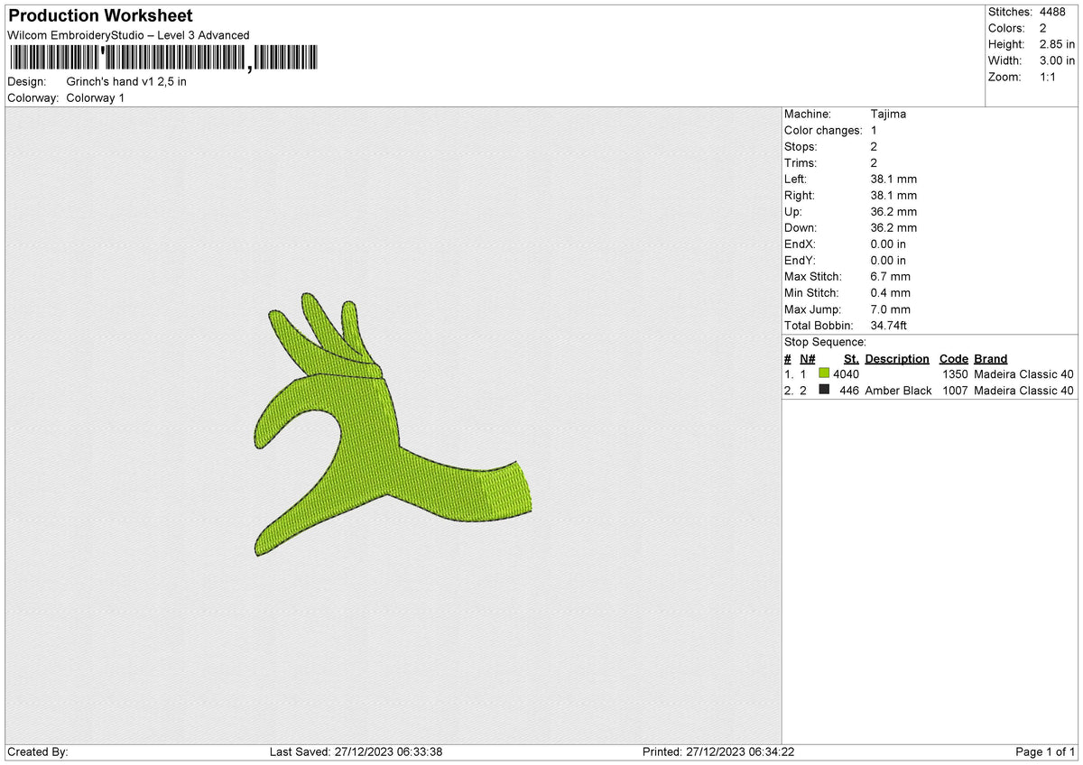 Grinch's hand v1 Embroidery File 6 size